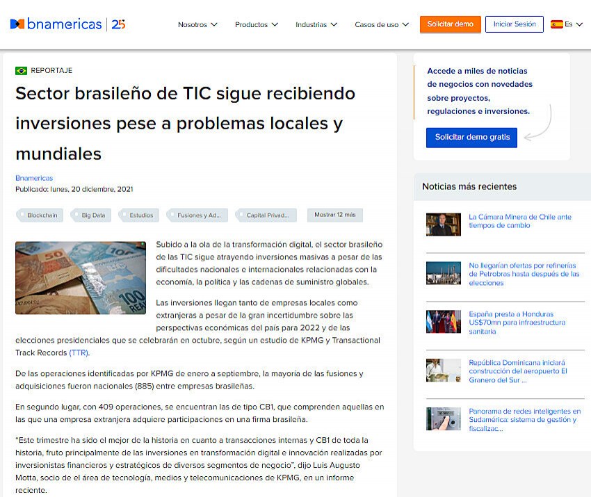 Sector brasileo de TIC sigue recibiendo inversiones pese a problemas locales y mundiales